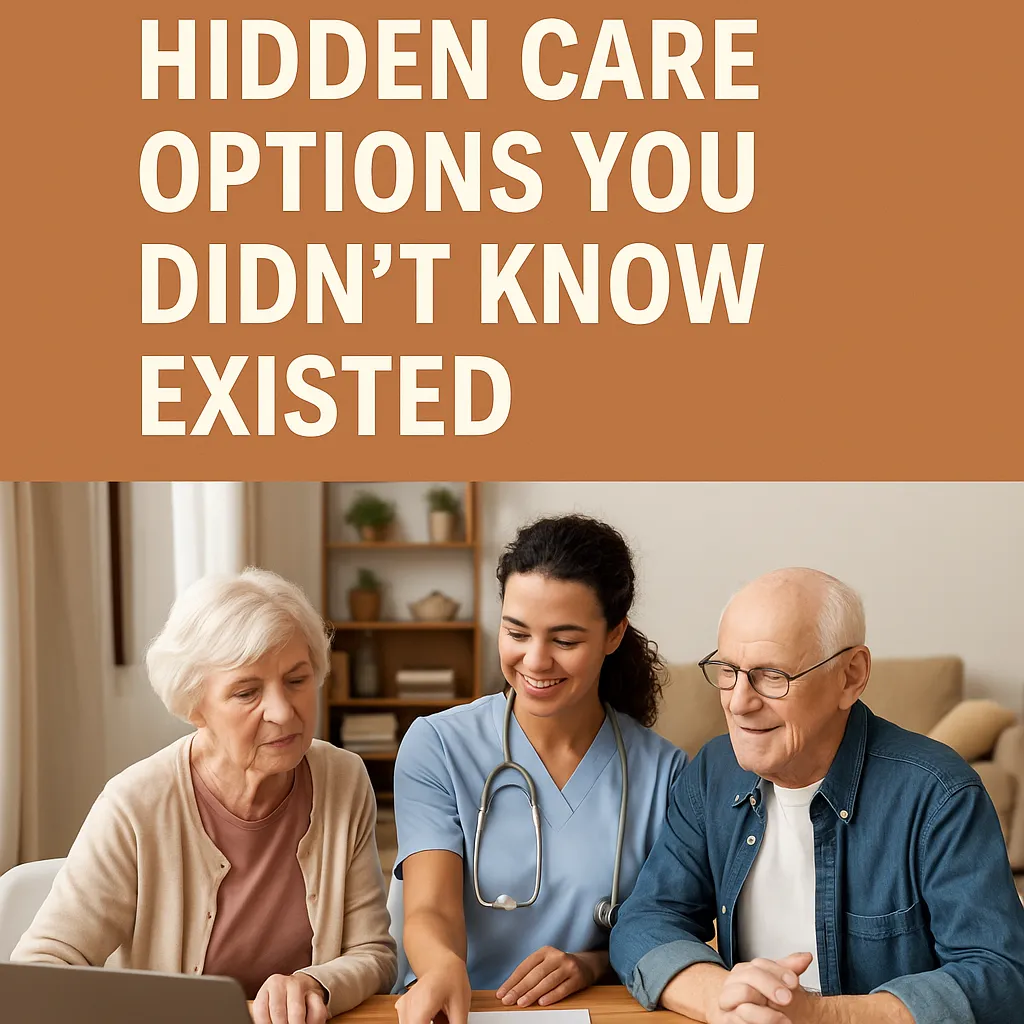 Elderly couple sitting comfortably in a Florida home with caregiver, representing hidden Medicare in-home care options and reverse mortgage support for aging in place.