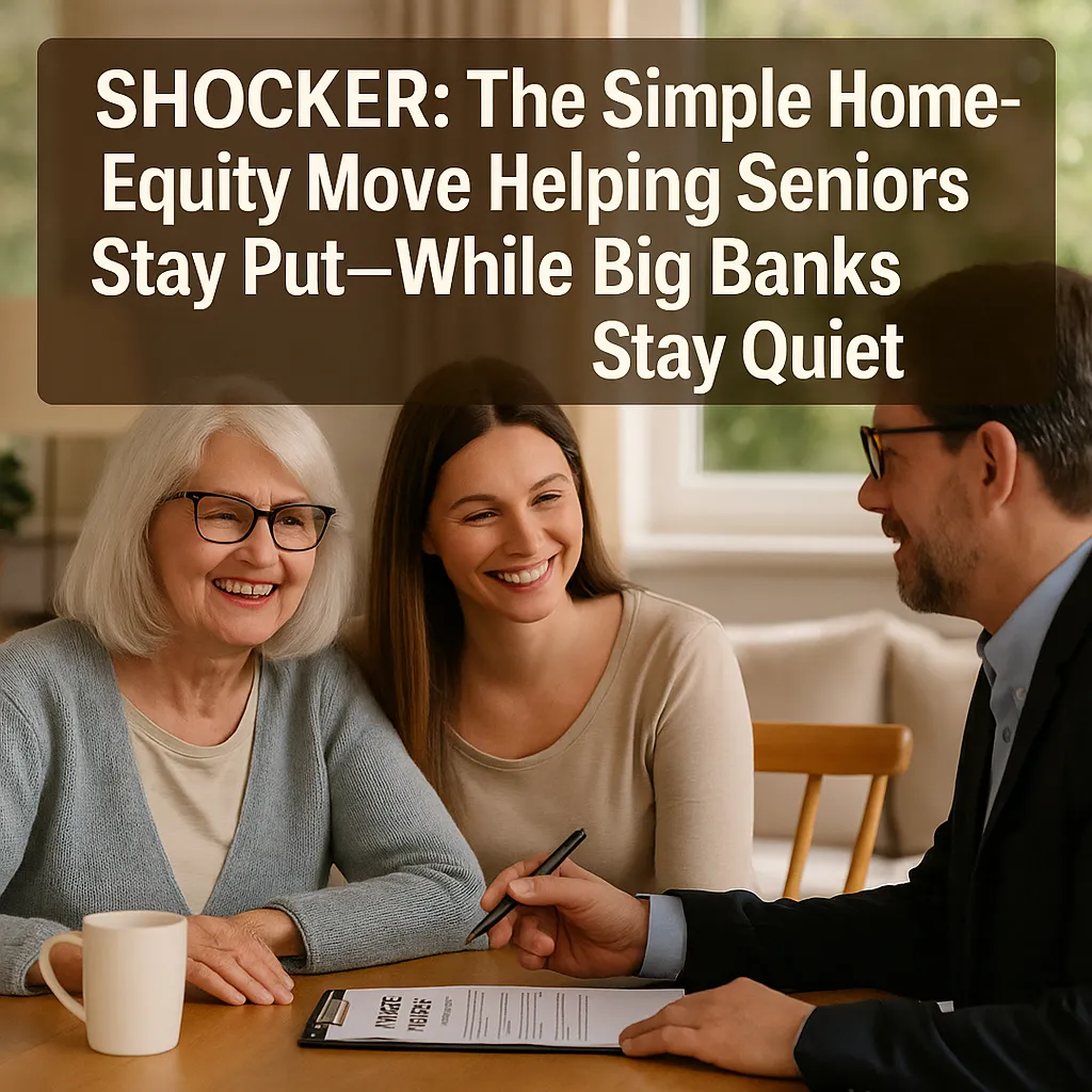 Family and advisor discussing reverse mortgage options at home, highlighting safe aging in place planning.