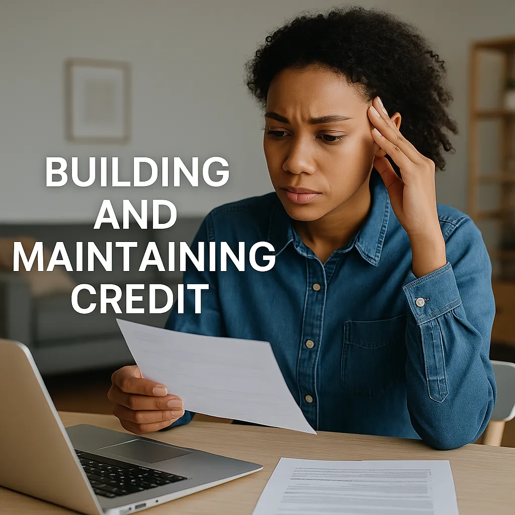 Young woman reviewing financial paperwork at home with a laptop, representing the challenges of building and maintaining credit scores and reports.