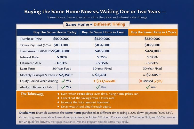 Table comparing buying the same home now versus waiting one or two years, using an 80% loan-to-value example, showing how rising home prices can offset lower interest rates and lead to higher payments and missed equity over time.