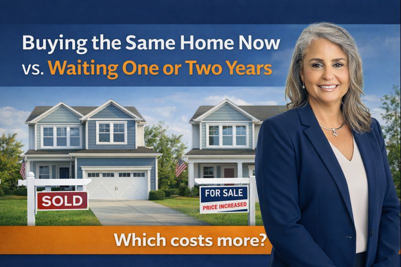 Cover image illustrating buying the same home now versus waiting, with rising home prices over time.