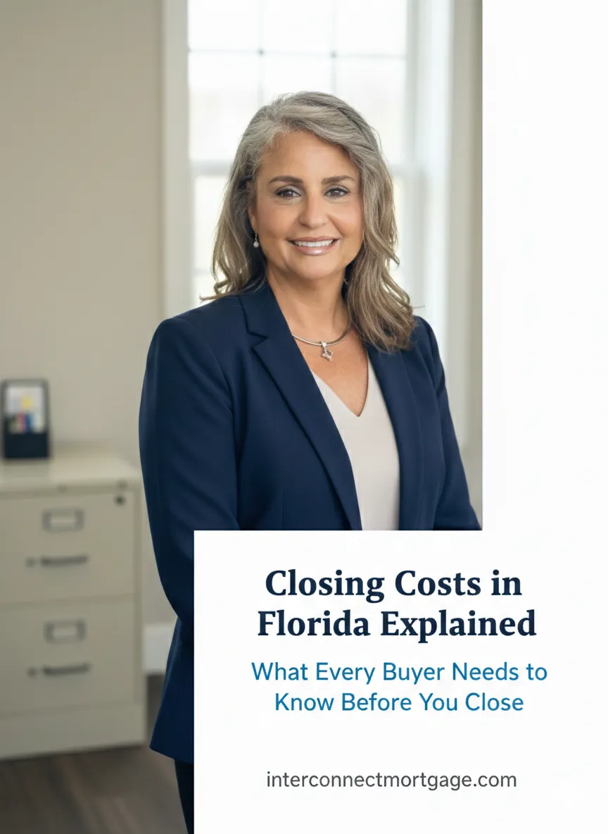 Toni Taylor, Senior Loan Originator at Interconnect Mortgage in Palm Beach Gardens Florida, smiling in a professional headshot with text overlay reading Closing Costs in Florida Explained