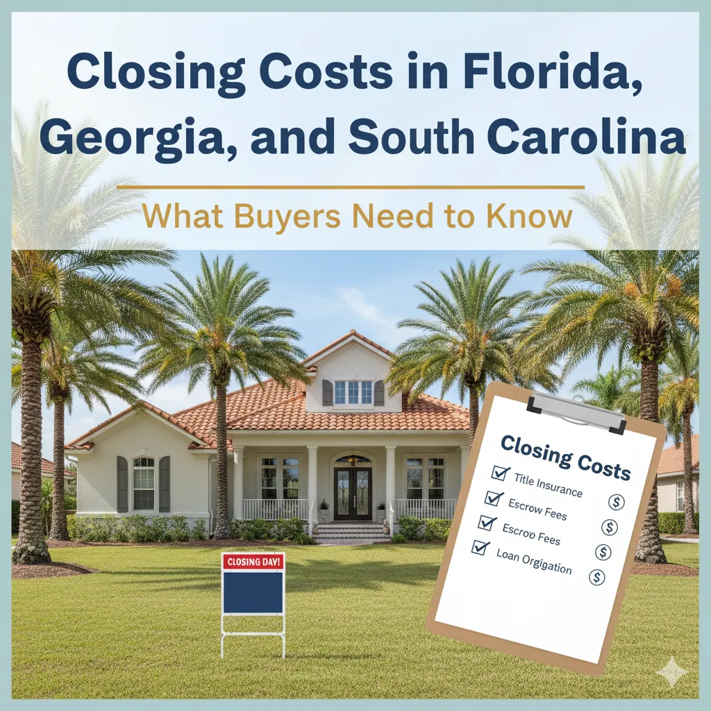 Southern home with palm trees, sold sign, and checklist graphic labeled Closing Costs
