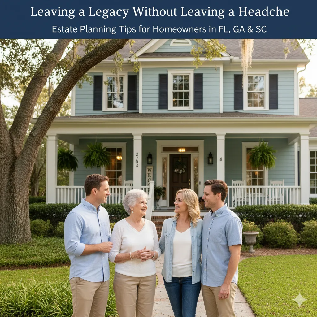 Older parent with adult children in front of family home — discussing legacy and estate planning