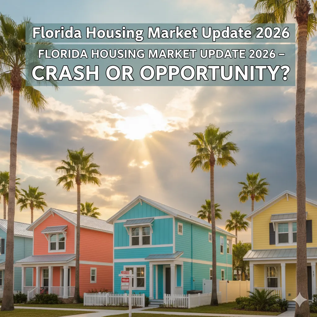 Florida housing market update 2026 – palm tree neighborhood with for sale sign and storm clouds clearing.