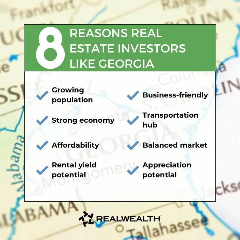 Georgia housing market infographic highlighting reasons real estate investors like Georgia: affordability, growth, rental potential, balanced market