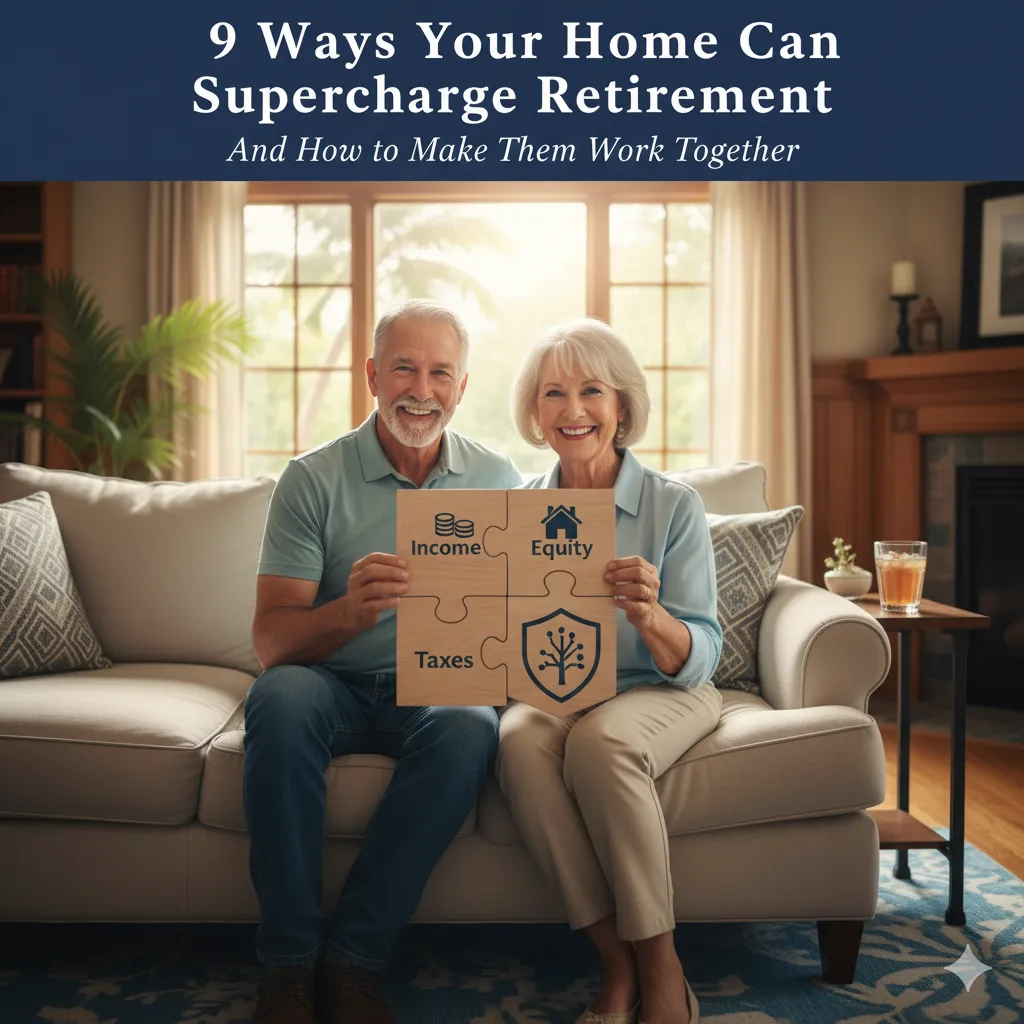 Retired couple holding puzzle pieces labeled income, equity, taxes — showing integrated retirement strategy with home at the center.
