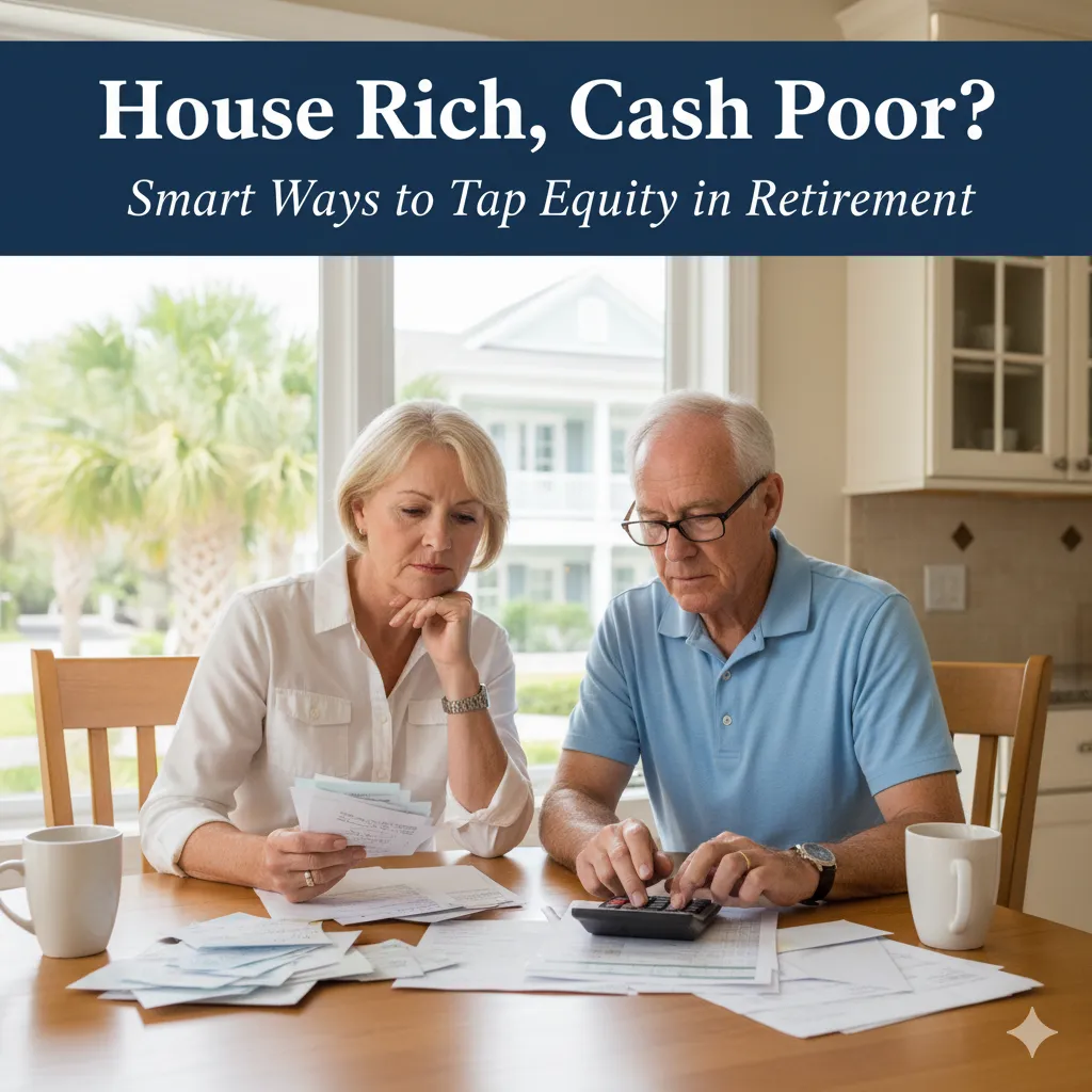 Retiree couple reviewing bills in a nice home — exploring how to turn equity into income during retirement.