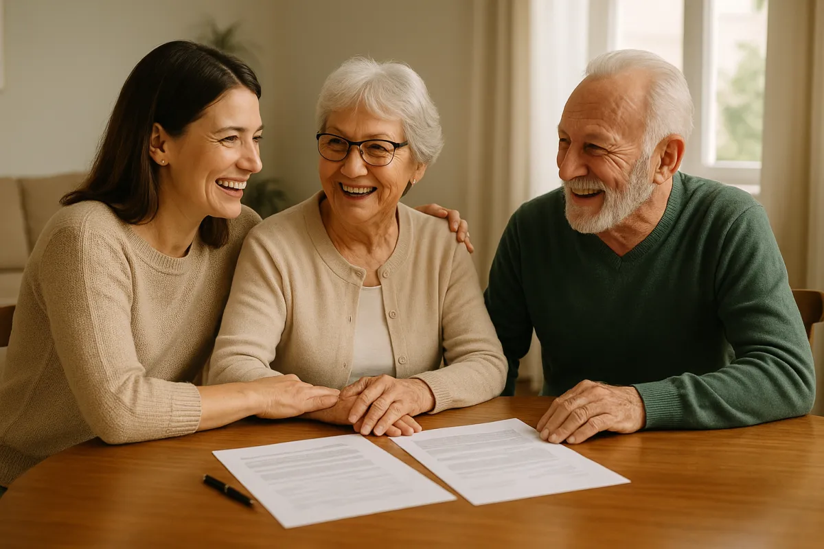 Adult daughter helping aging parents review reverse mortgage options to stay in their home safely