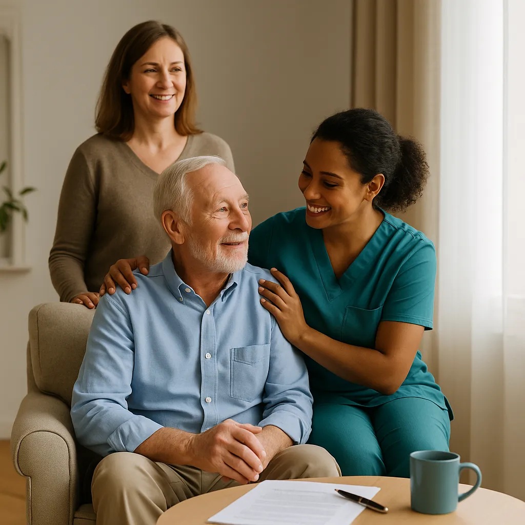Elderly man at home supported by daughter and caregiver, showing how home equity can pay for in-home care