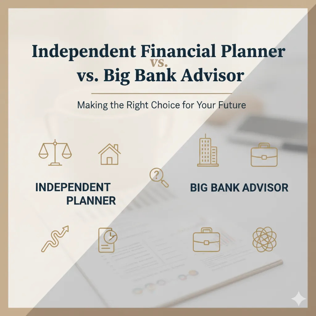 Blog cover showing the difference between independent financial planners and big-bank advisors with a clean financial-themed graphic
