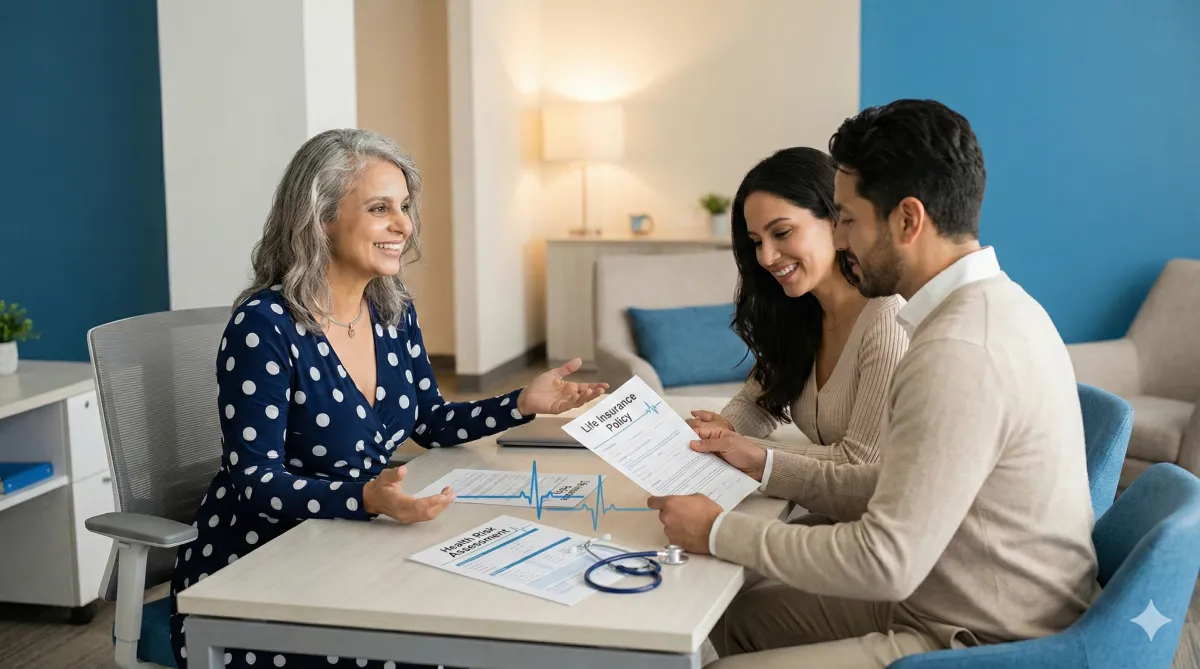 A couple reviewing life insurance options with a financial planner, symbolizing the risk of becoming uninsurable after a doctor visit.