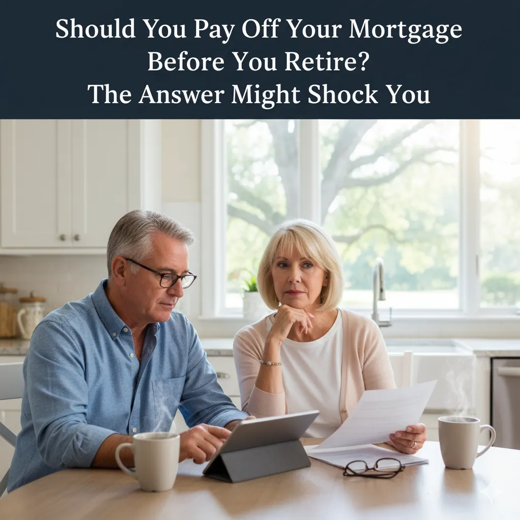 Retiree couple reviewing finances with coffee and a laptop — deciding whether to pay off mortgage.