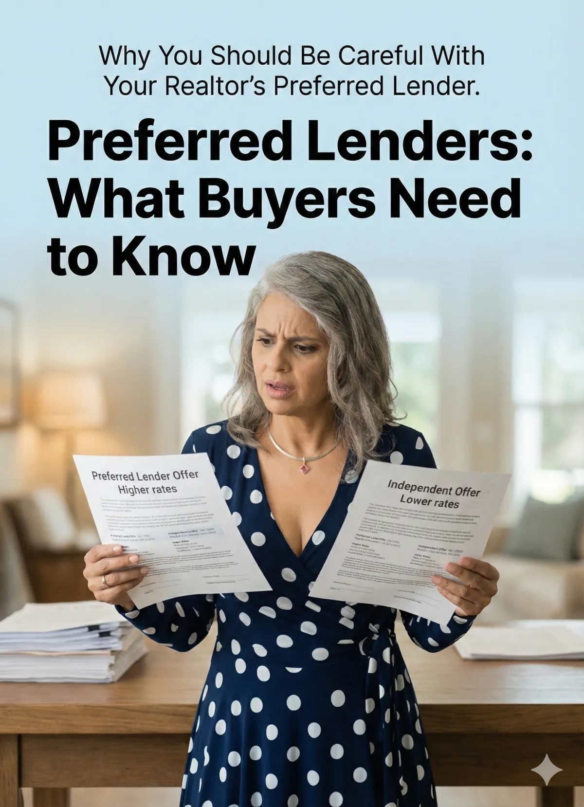Homebuyer comparing different mortgage offers, looking unsure, with a house in the background—illustrating the risks of using a realtor’s preferred lender.