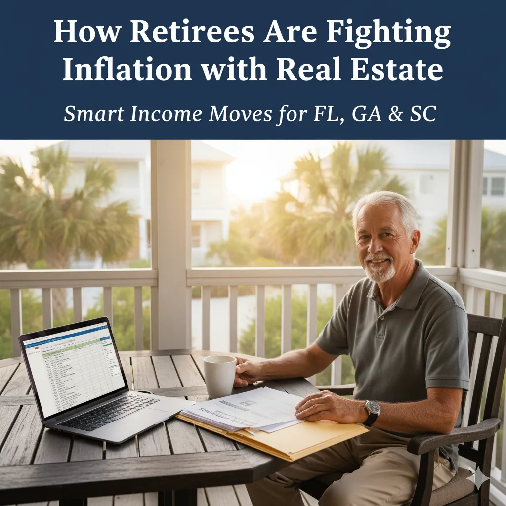 Retiree couple reviewing rental income strategy at home — using real estate to offset inflation