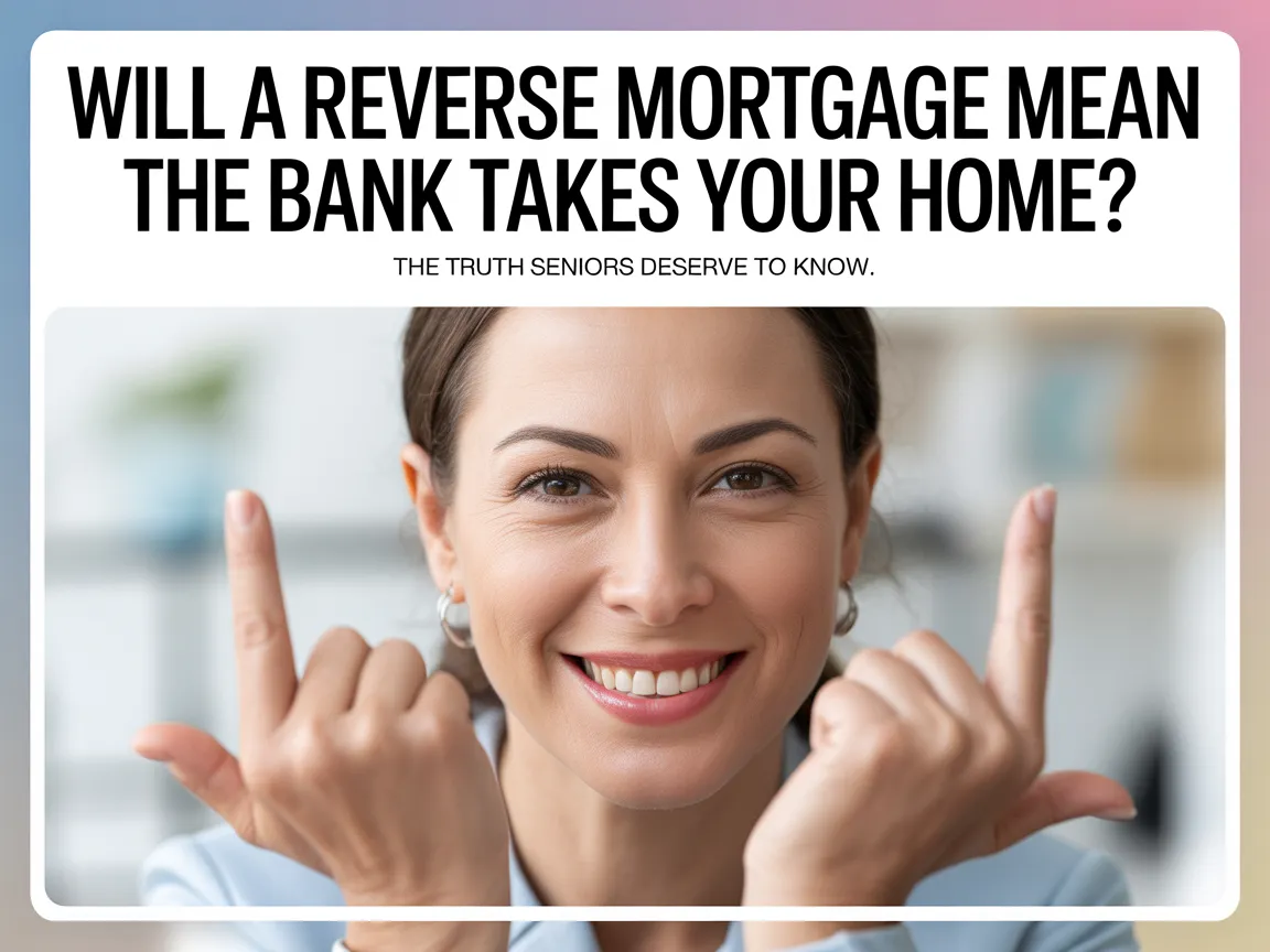 “Smiling woman pointing upward under headline ‘Will a Reverse Mortgage Mean the Bank Takes Your Home? The truth seniors deserve to know.’”