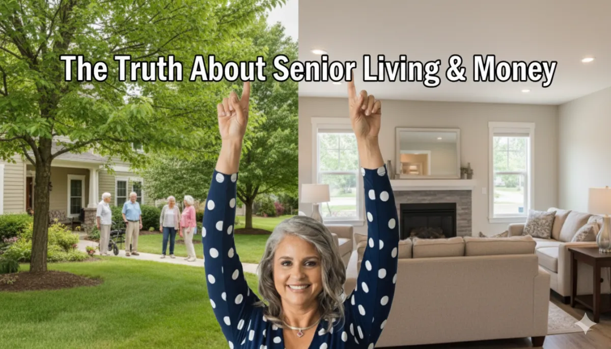 Smiling senior woman raising hands with text ‘The Truth About Senior Living & Money’ over split background of retirement community outdoors and cozy living room