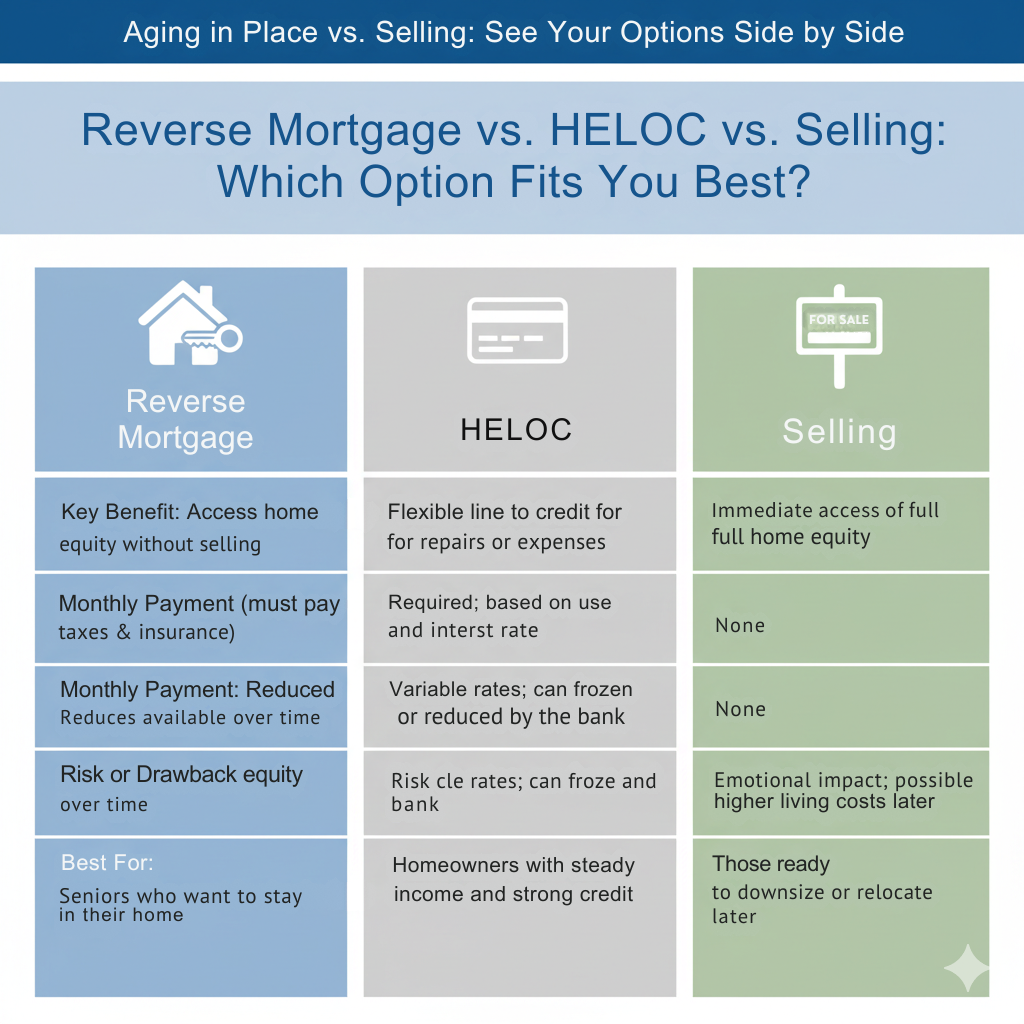 Comparison chart showing reverse mortgage, HELOC, and selling options with benefits, payments, risks, and best fit for seniors