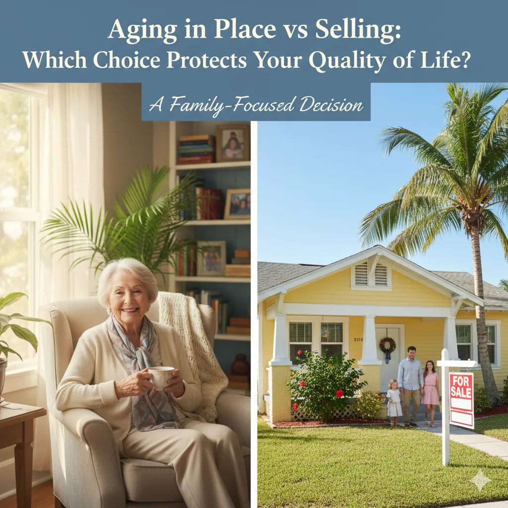 Senior woman enjoying coffee in her cozy living room beside a split image of a ‘For Sale’ sign in front of a sunny Florida home, symbolizing the choice between aging in place or selling in retirement