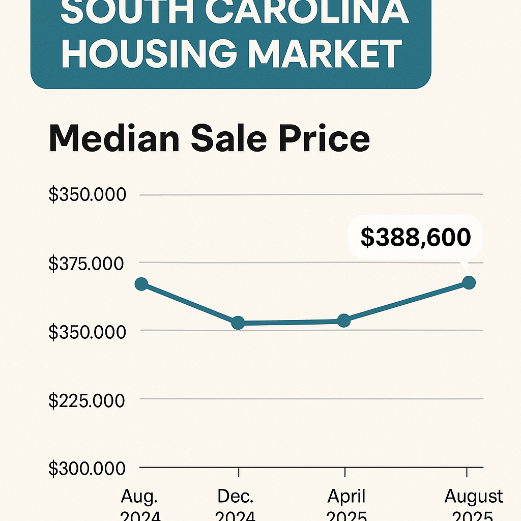 South Carolina housing market median sale price trend from August 2024 to August 2025, showing a rise to $388,600 by August 2025