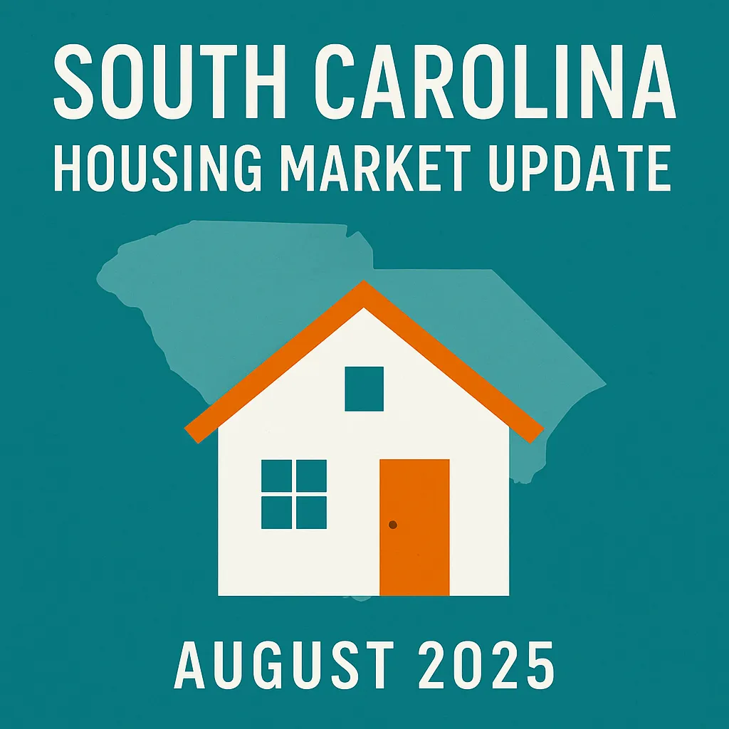 South Carolina Housing Market Update August 2025 cover graphic with state silhouette, white house illustration, and bold headline text on teal background.