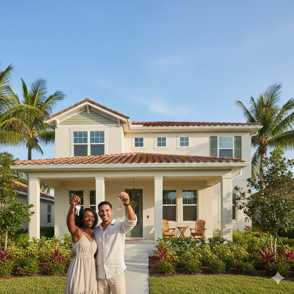 Florida home buyer couple holding house keys — credit score requirements for buying a home in Florida